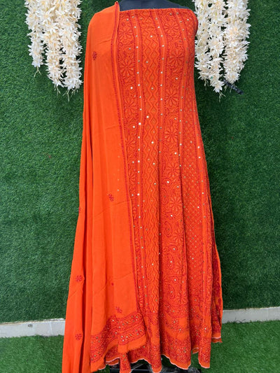 Premium Pure Georgette Lucknowi Chikankari Anarkali Set with Mukaish Work