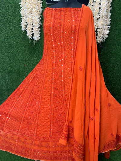 Premium Pure Georgette Lucknowi Chikankari Anarkali Set with Mukaish Work