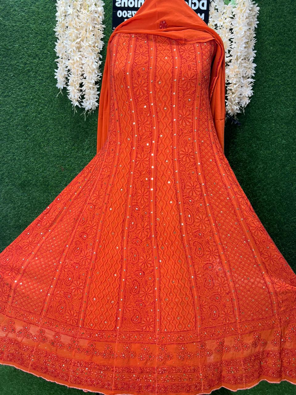 Premium Pure Georgette Lucknowi Chikankari Anarkali Set with Mukaish Work