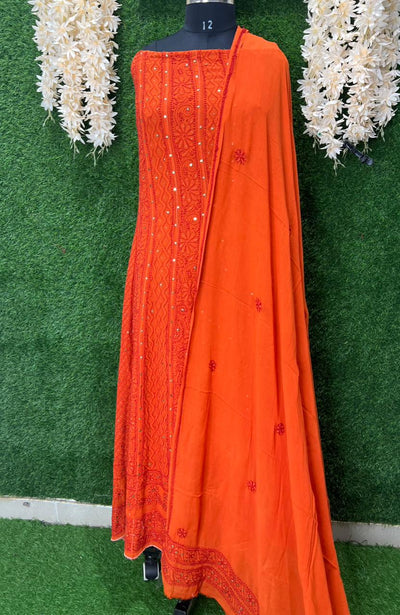 Premium Pure Georgette Lucknowi Chikankari Anarkali Set with Mukaish Work