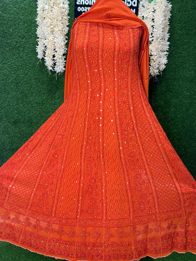 Premium Pure Georgette Lucknowi Chikankari Anarkali Set with Mukaish Work