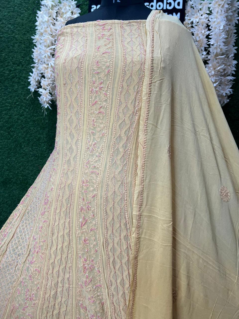 Designer Pearl Work Lucknowi Chikankari Anarkali Suit