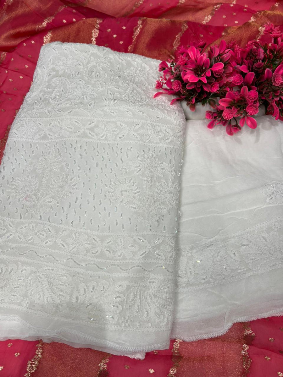 Lucknowi Chikankari Viscose Georgette Kurta Dupatta Set with Handwork Pearl & Cutdana Embroidery