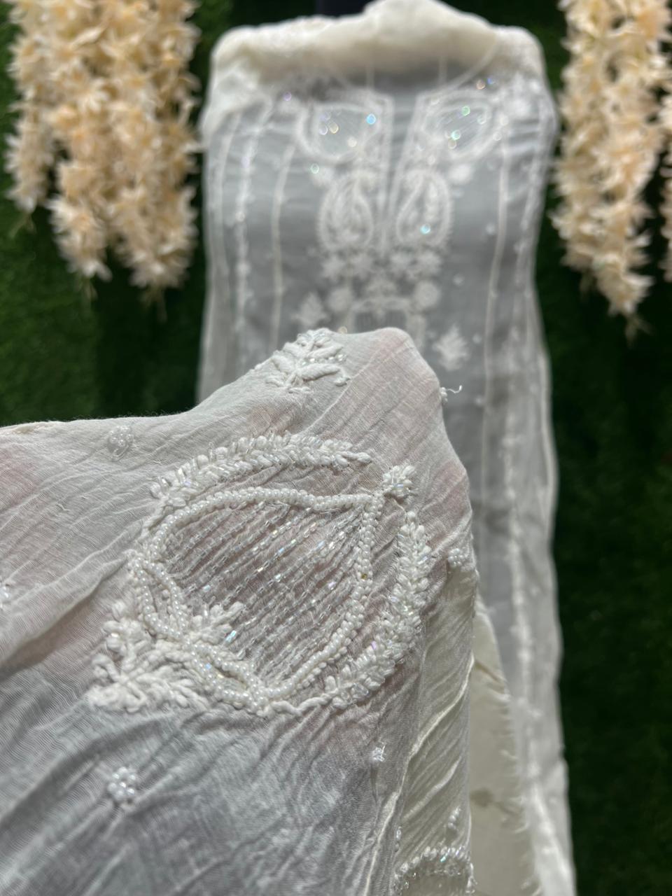 Mul Chanderi A-Line Anarkali with Dupatta featuring Pearl & Cutdana Work