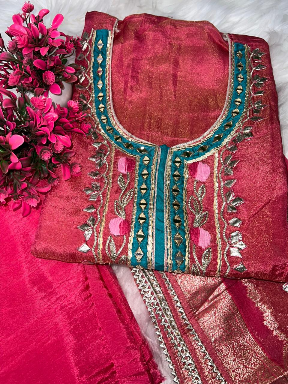 Tissue Shimmer Suit Set with Gota Patti, Real Mirror Work & Banarasi Dupatta
