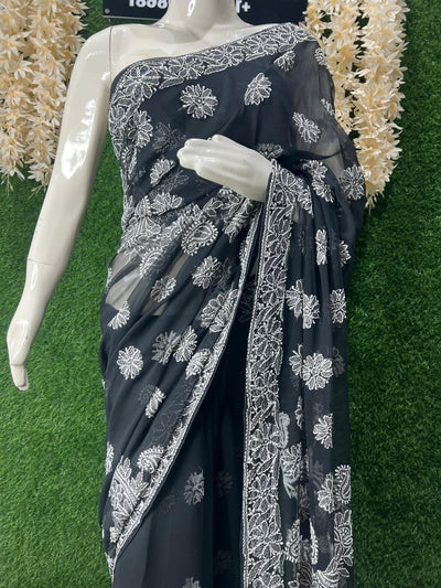 Lucknowi Chikankari Half Jaal Saree with Handwork