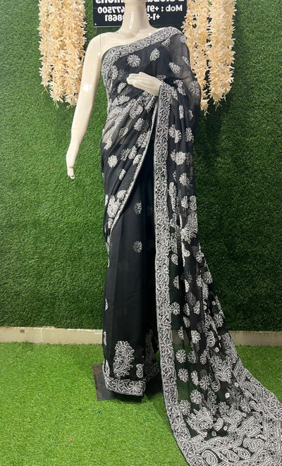 Lucknowi Chikankari Half Jaal Saree with Handwork