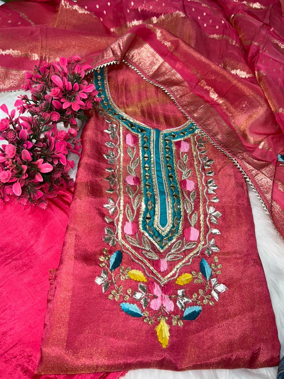 Tissue Shimmer Suit Set with Gota Patti, Real Mirror Work & Banarasi Dupatta