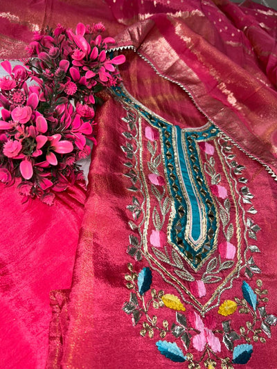 Tissue Shimmer Suit Set with Gota Patti, Real Mirror Work & Banarasi Dupatta