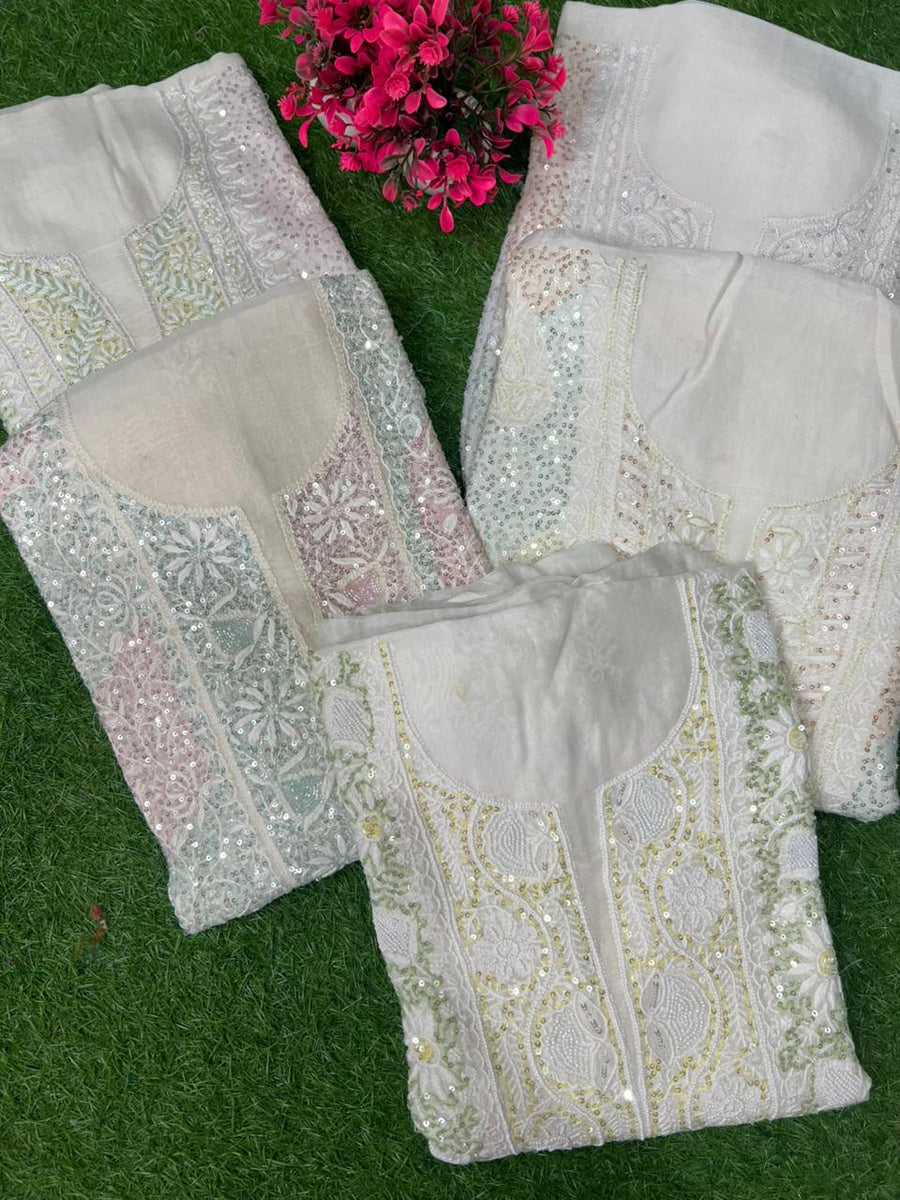 Lucknowi Chikankari Kurta Dupatta Set in Mul Chanderi – All-Over Sequin Handwork (Unstitched)