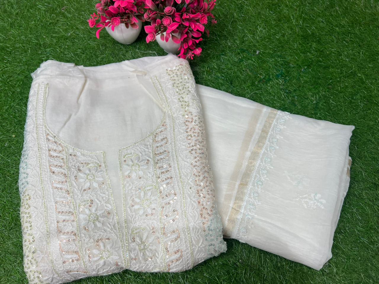Lucknowi Chikankari Kurta Dupatta Set in Mul Chanderi – All-Over Sequin Handwork (Unstitched)