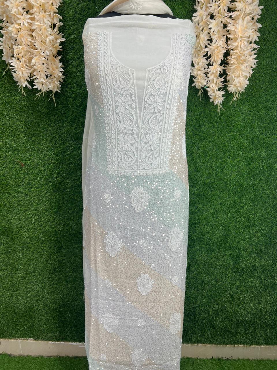 Lucknowi Chikankari Kurta Dupatta Set in Mul Chanderi – All-Over Sequin Handwork (Unstitched)