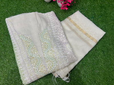 Lucknowi Chikankari Kurta Dupatta Set in Mul Chanderi – All-Over Sequin Handwork (Unstitched)