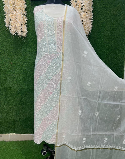 Lucknowi Chikankari Kurta Dupatta Set in Mul Chanderi – All-Over Sequin Handwork (Unstitched)