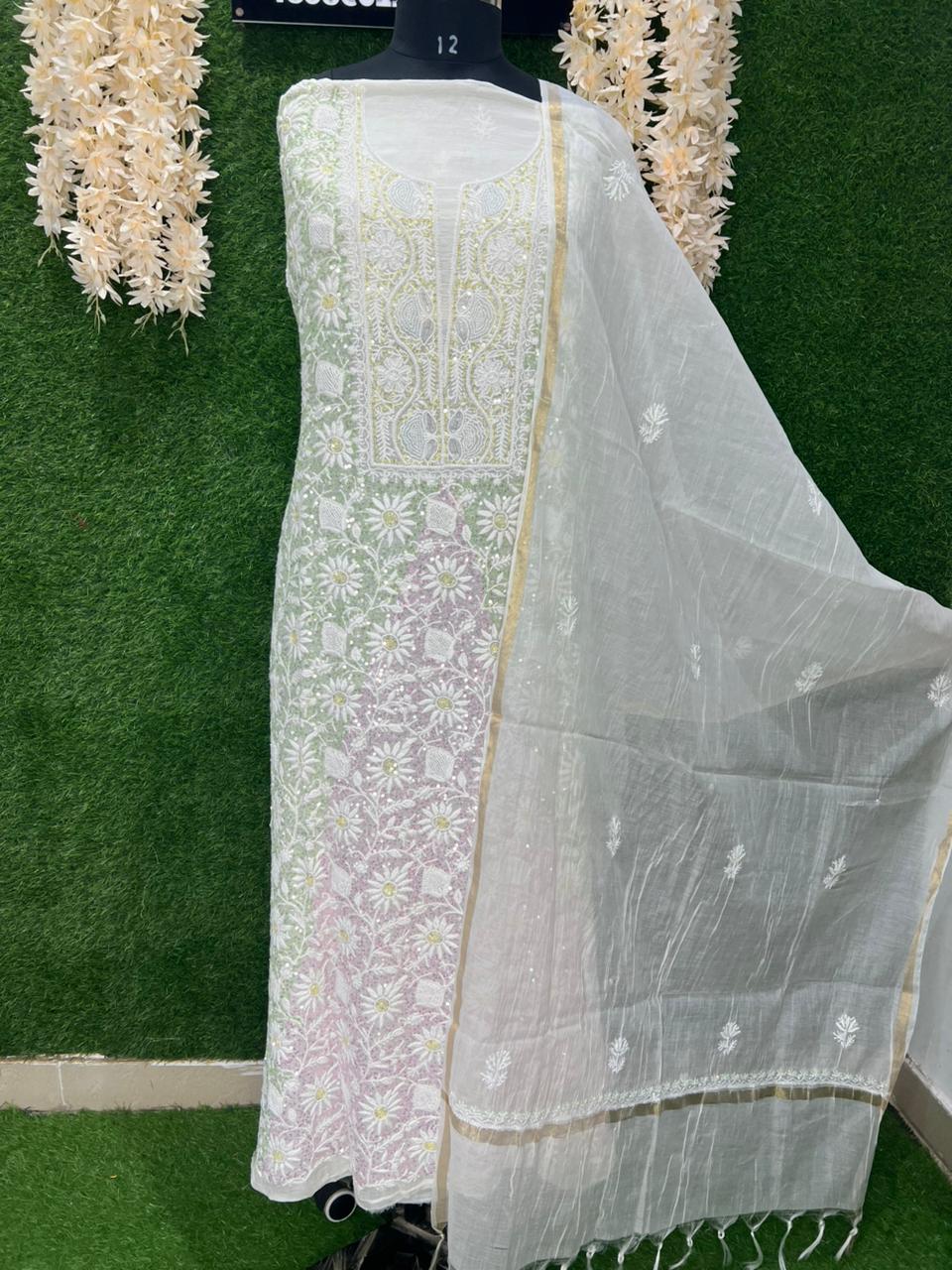 Lucknowi Chikankari Kurta Dupatta Set in Mul Chanderi – All-Over Sequin Handwork (Unstitched)