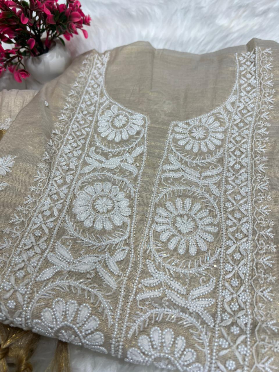 Lucknowi Chikankari Tissue A-Line Kurta Set with Dupatta Pearl Handwork