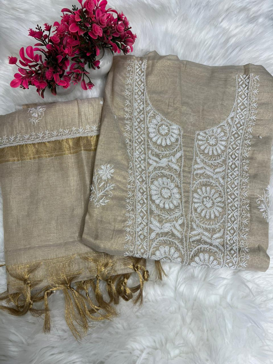 Lucknowi Chikankari Tissue A-Line Kurta Set with Dupatta Pearl Handwork