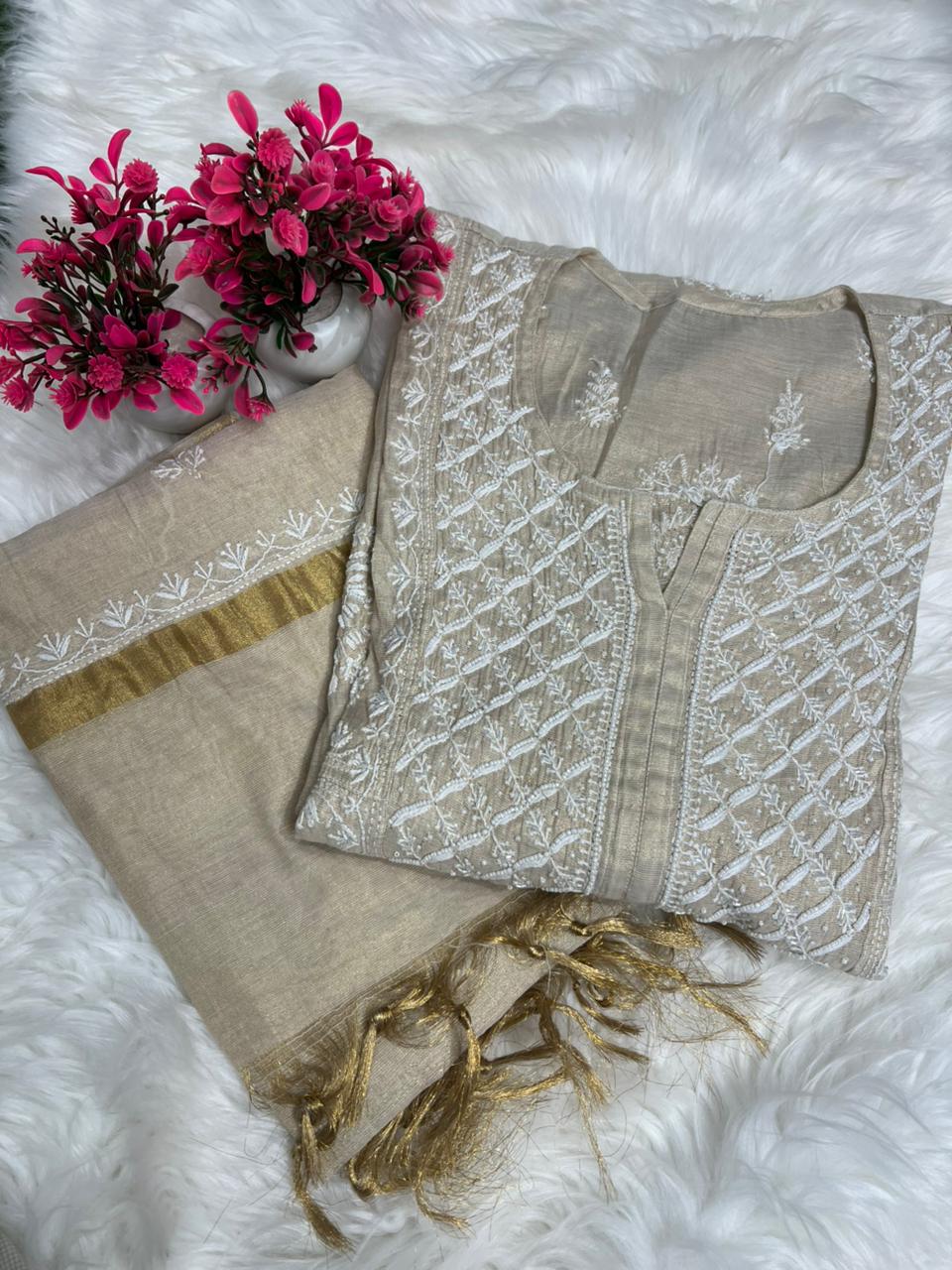 Lucknowi Chikankari Tissue A-Line Kurta Set with Dupatta Handcrafted Pearl & Cutdana Work