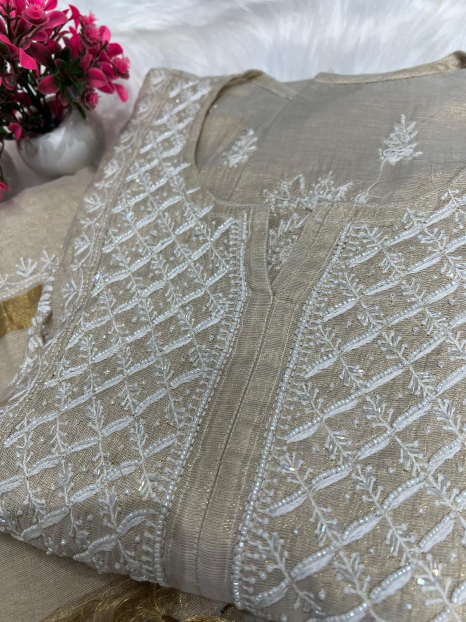 Lucknowi Chikankari Tissue A-Line Kurta Set with Dupatta Handcrafted Pearl & Cutdana Work