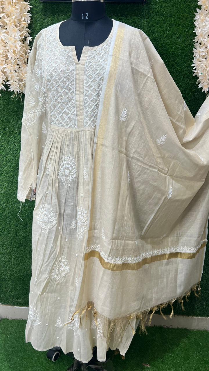 Lucknowi Chikankari Tissue A-Line Kurta Set with Dupatta Handcrafted Pearl & Cutdana Work