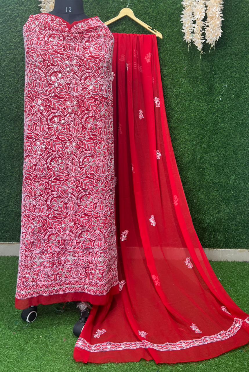 Unstitched Lucknowi Chikankari Suit Set with Gota Patti Handwork