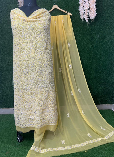 Unstitched Lucknowi Chikankari Suit Set with Gota Patti Handwork