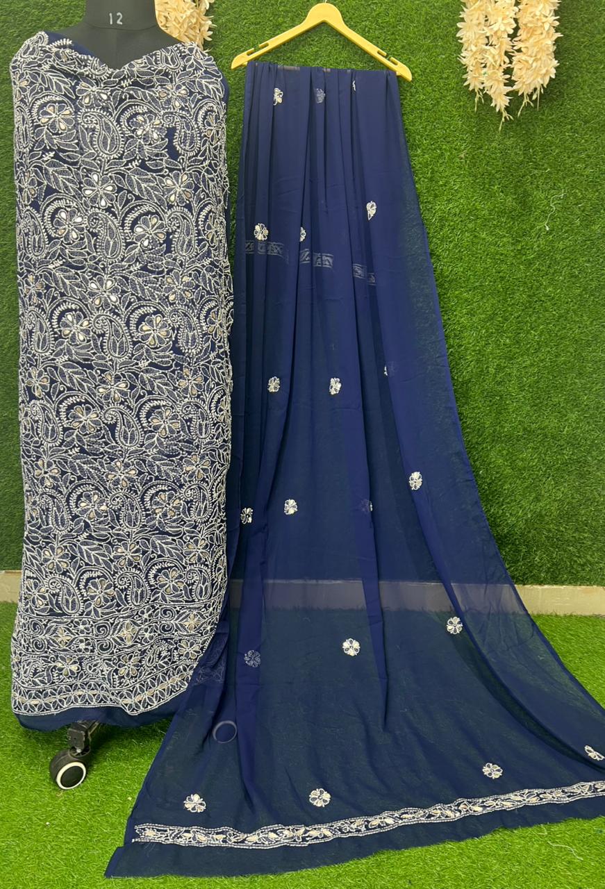 Unstitched Lucknowi Chikankari Suit Set with Gota Patti Handwork