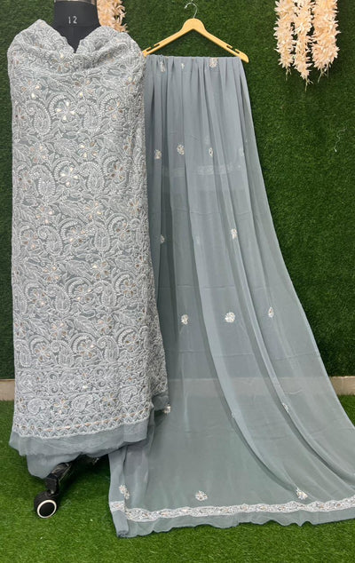 Unstitched Lucknowi Chikankari Suit Set with Gota Patti Handwork
