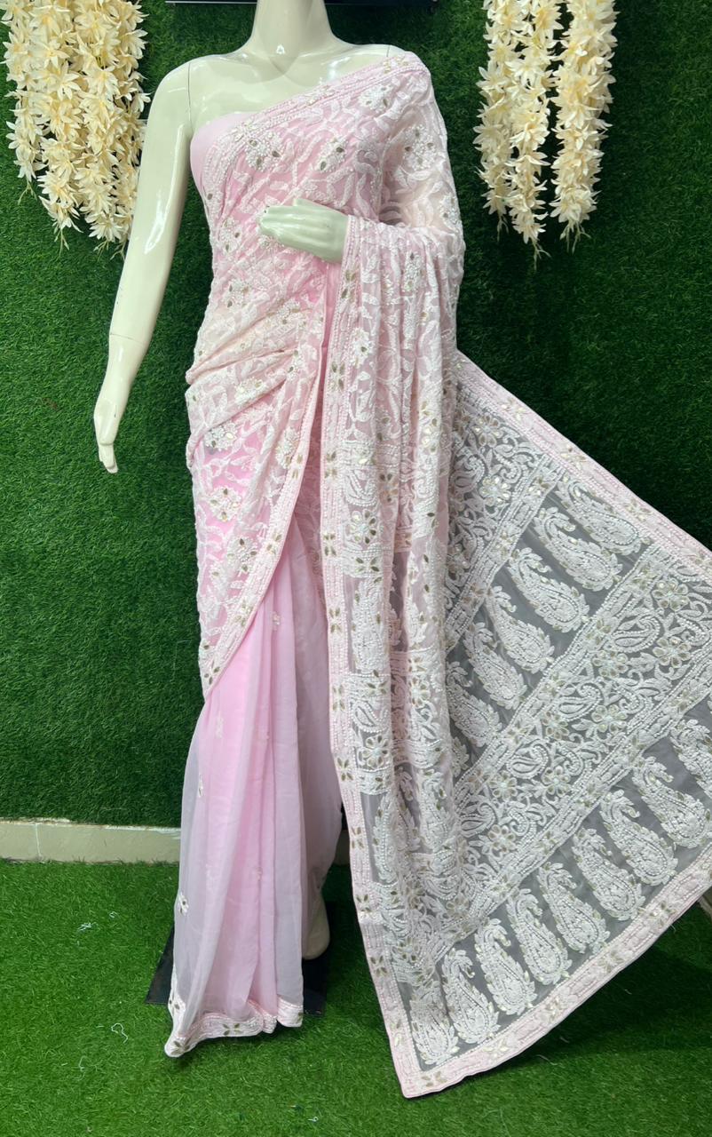 Lucknowi Chikankari Half Jaal Saree with Gota Patti Handwork