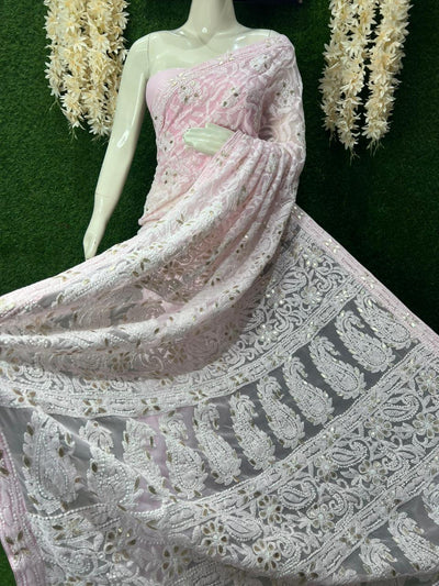 Lucknowi Chikankari Half Jaal Saree with Gota Patti Handwork
