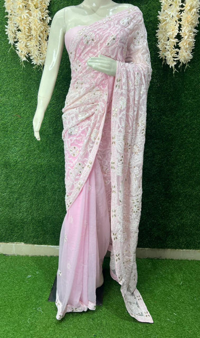 Lucknowi Chikankari Half Jaal Saree with Gota Patti Handwork