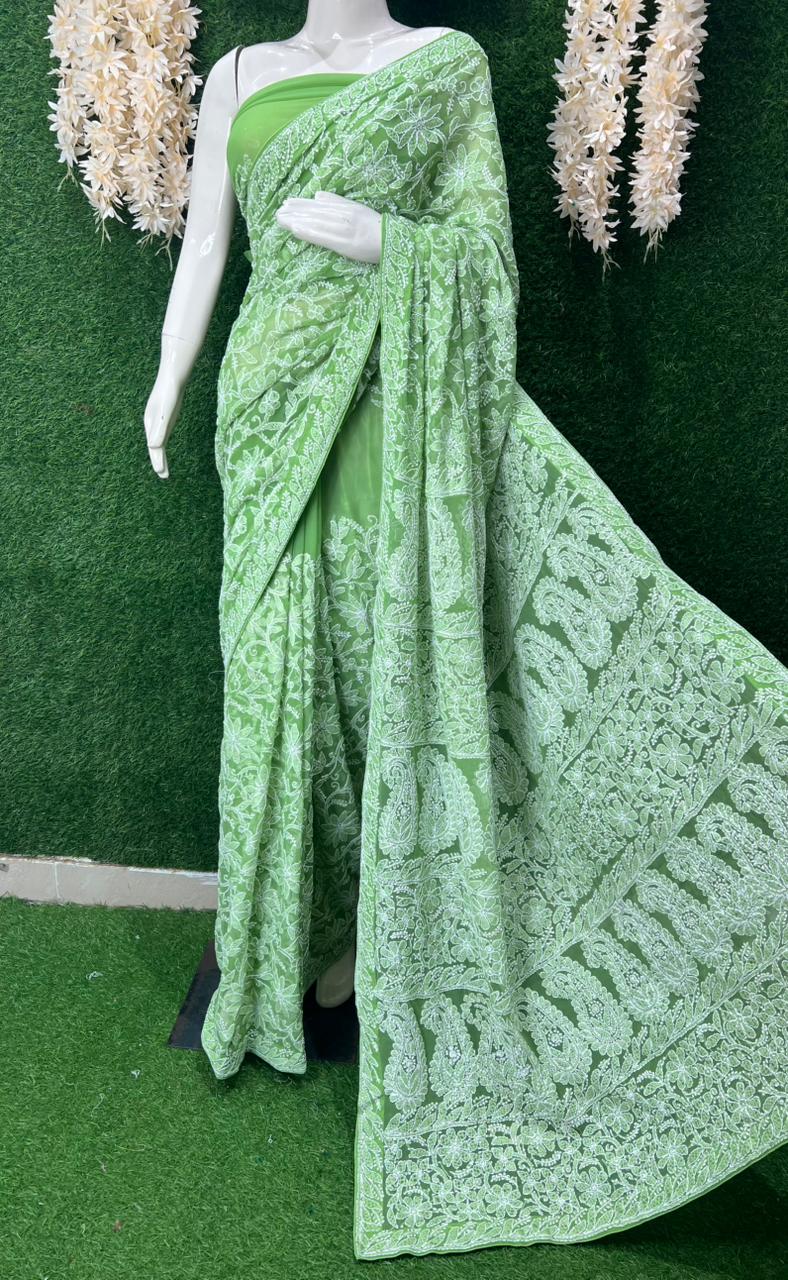 Lucknowi Chikankari Full Jaal Saree with Intricate Gota Patti Handwork