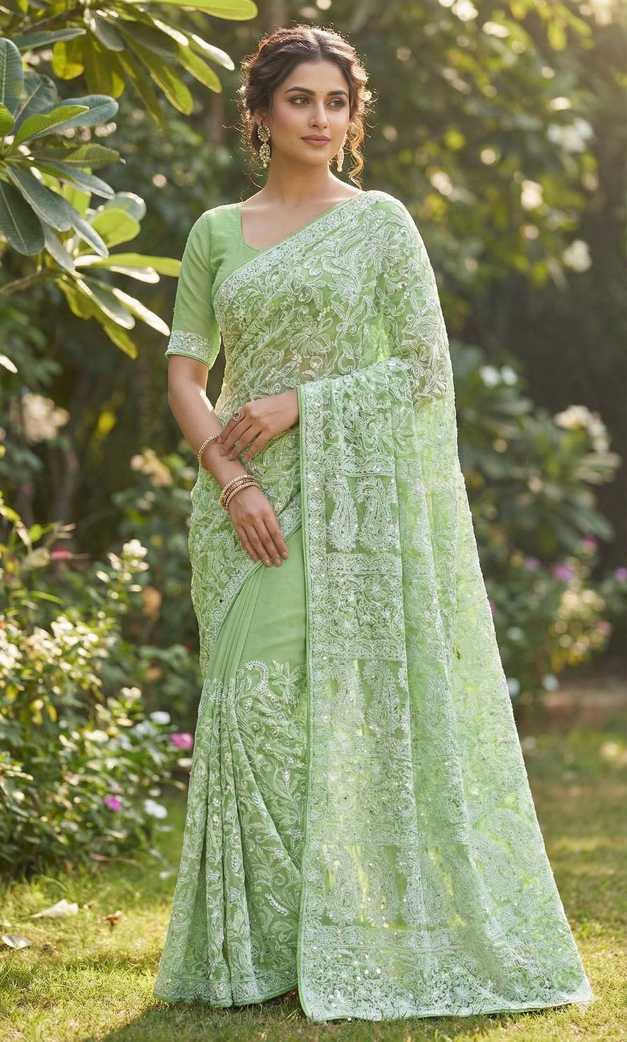 Lucknowi Chikankari Full Jaal Saree with Intricate Gota Patti Handwork