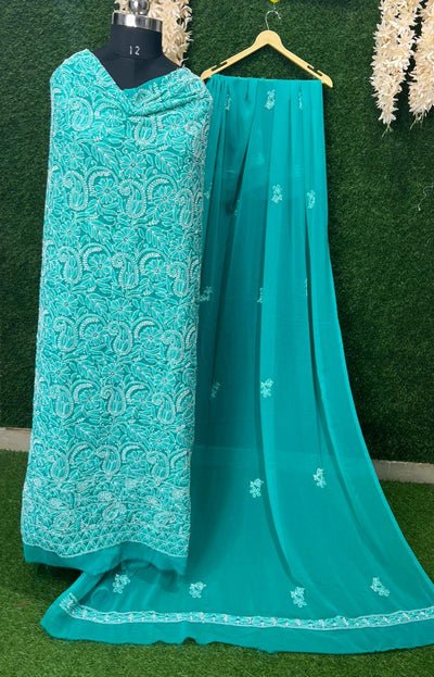 Unstitched Lucknowi Chikankari Suit Set with Hand Embroidery