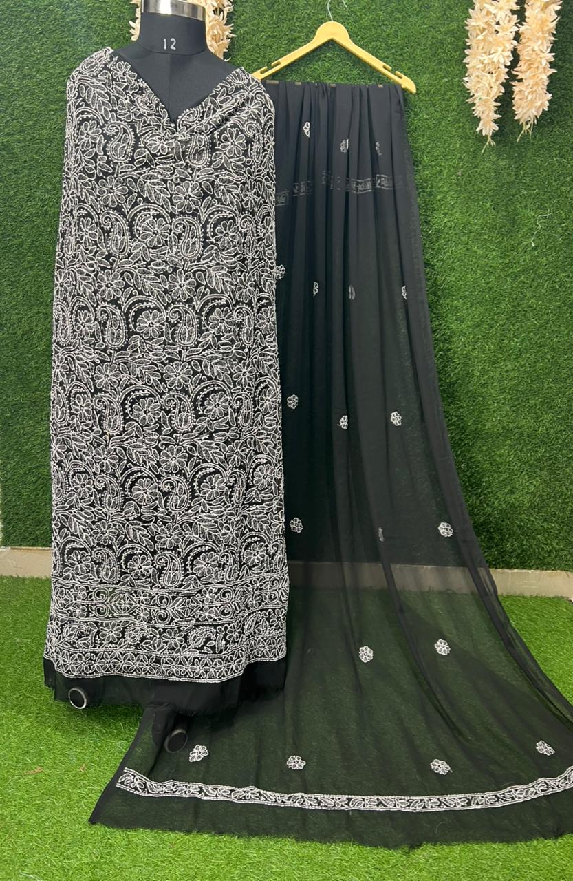 Unstitched Lucknowi Chikankari Suit Set with Hand Embroidery
