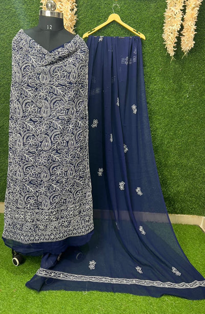 Unstitched Lucknowi Chikankari Suit Set with Hand Embroidery