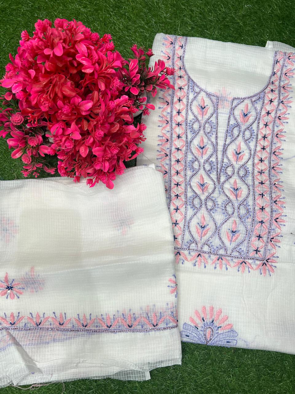 Unstitched Kota Fabric Lucknowi Multi-Thread Chikankari Kurta & Dupatta Set