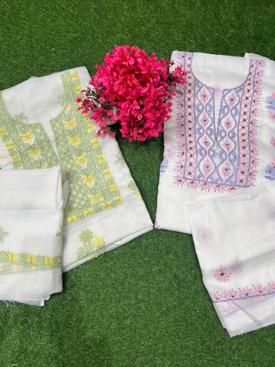 Unstitched Kota Fabric Lucknowi Multi-Thread Chikankari Kurta & Dupatta Set