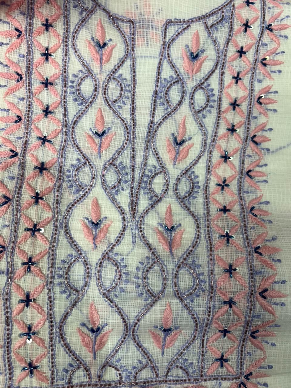 Unstitched Kota Fabric Lucknowi Multi-Thread Chikankari Kurta & Dupatta Set