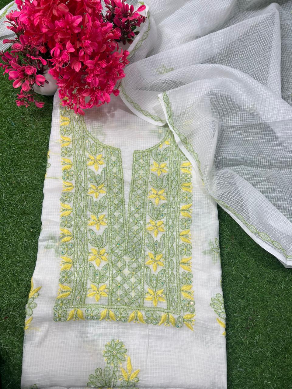 Unstitched Kota Fabric Lucknowi Multi-Thread Chikankari Kurta & Dupatta Set