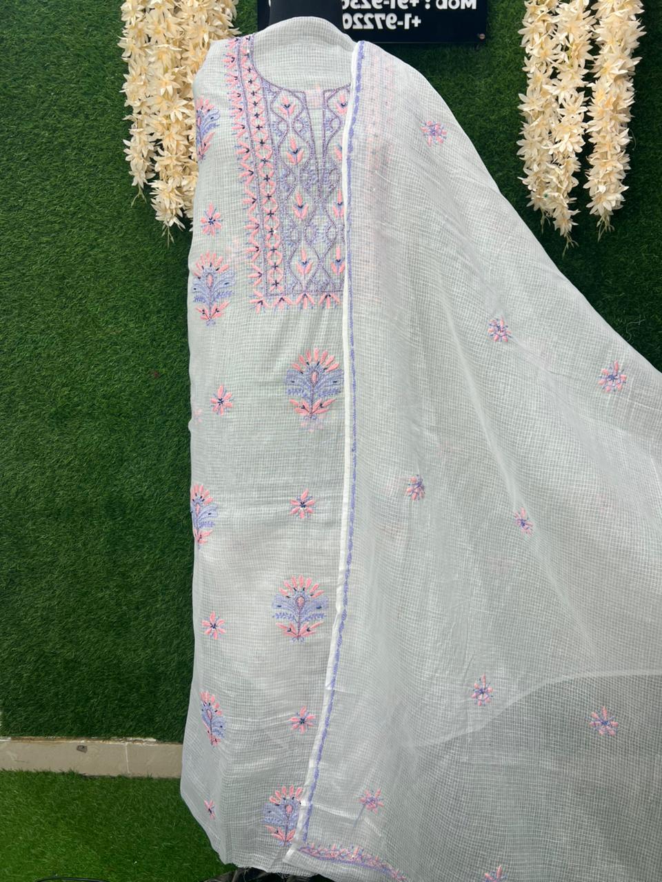 Unstitched Kota Fabric Lucknowi Multi-Thread Chikankari Kurta & Dupatta Set