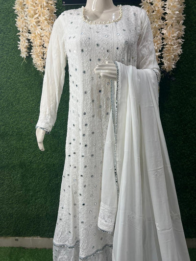 Lucknowi Chikankari Anarkali Suit with Real Mirror, Pearl & Cutdana Work Dupatta with Lace Border