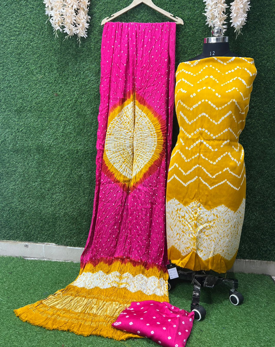 Modal Silk Hand Shibori Leheriya Bandhej Unstitched Suit Set