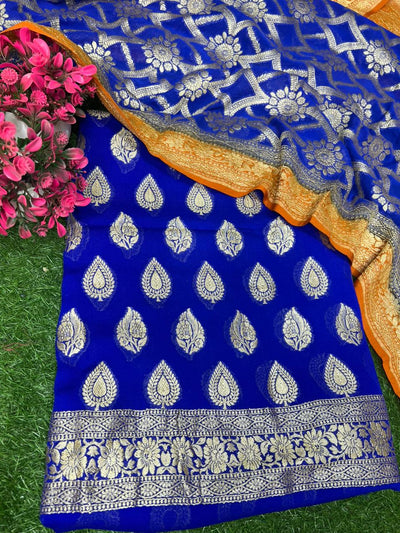 Pure Handloom Banarsi  Khaddi Georgette Unstitched Suit with Zari Work