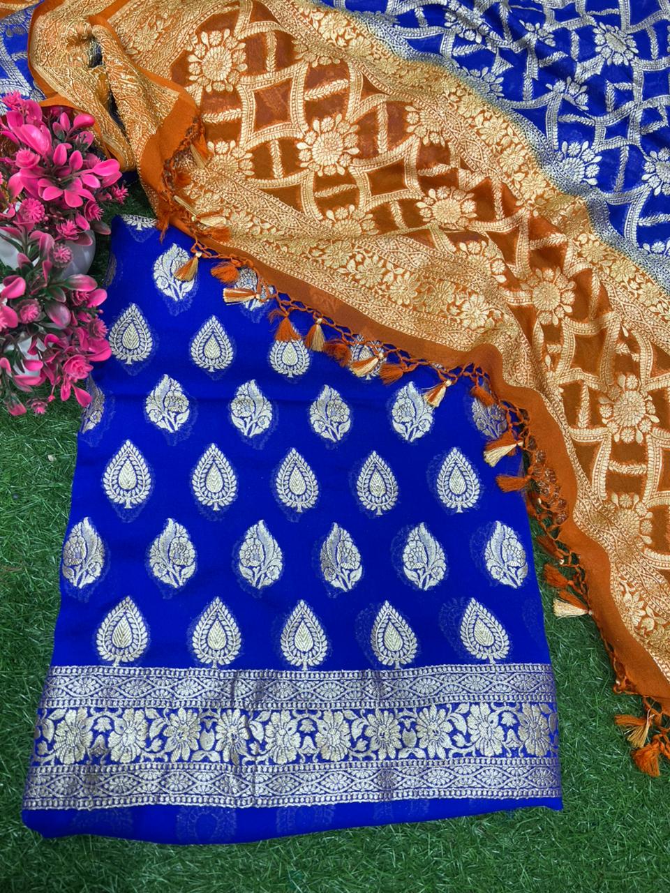 Pure Handloom Banarsi  Khaddi Georgette Unstitched Suit with Zari Work