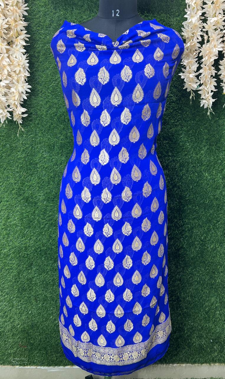 Pure Handloom Banarsi  Khaddi Georgette Unstitched Suit with Zari Work
