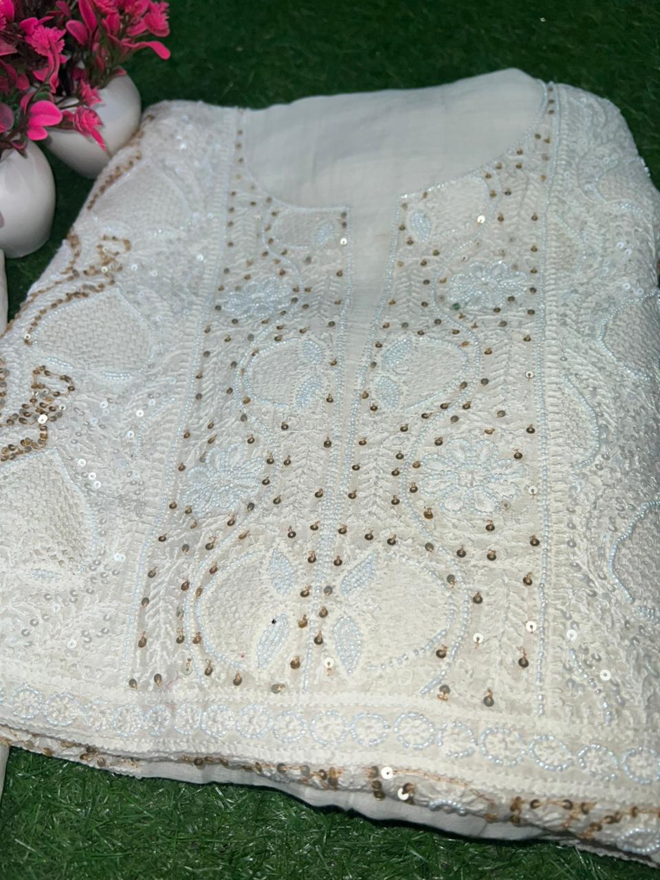Mul Chanderi Lucknowi Chikankari Unstitched Suit with Hand Jaali & Sequin Work