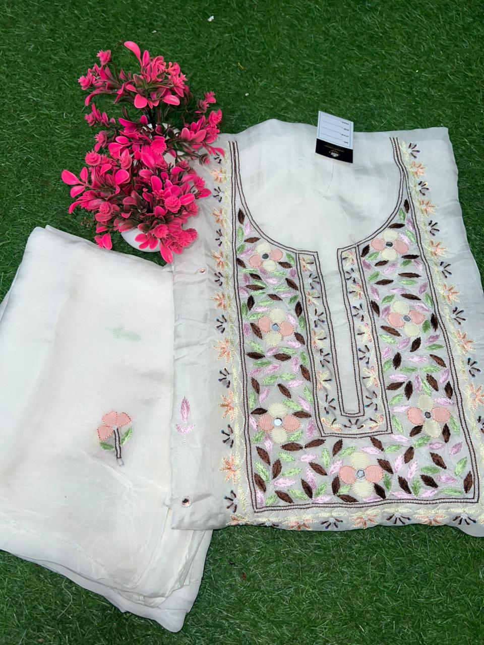 Lucknowi Chikankari Parsi Gara Crepe Unstitched Suit Set with Mirror & Pearl Handwork