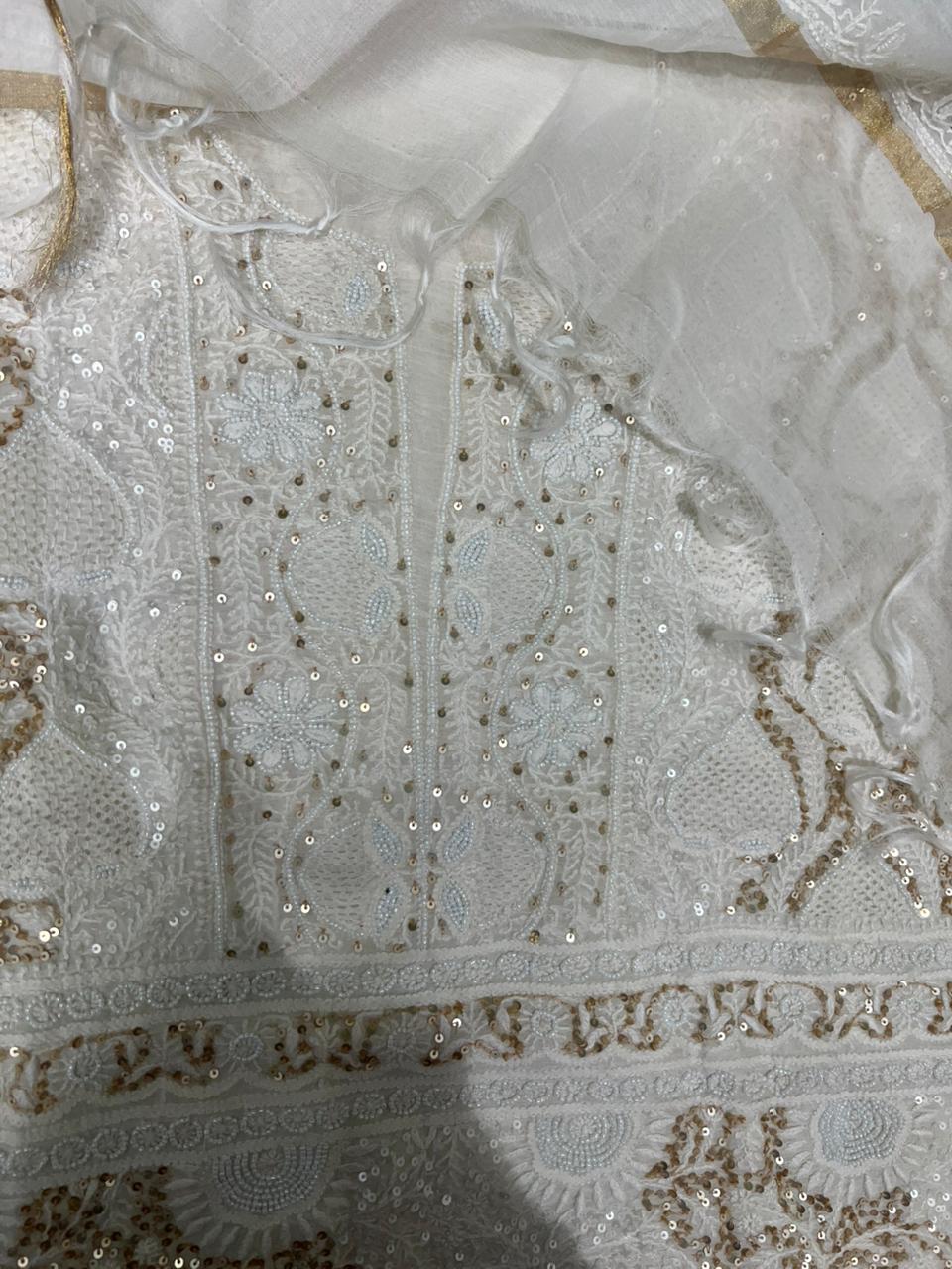 Mul Chanderi Lucknowi Chikankari Unstitched Suit with Hand Jaali & Sequin Work