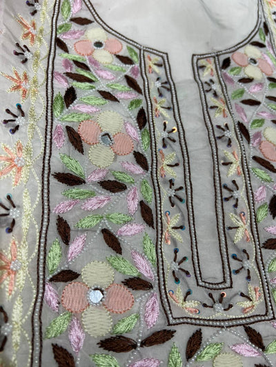 Lucknowi Chikankari Parsi Gara Crepe Unstitched Suit Set with Mirror & Pearl Handwork